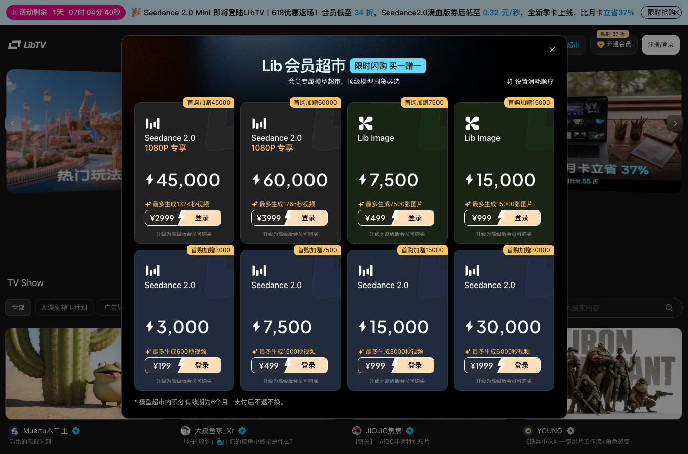 LibTV 会员超市 / Seedance 模型卡页面